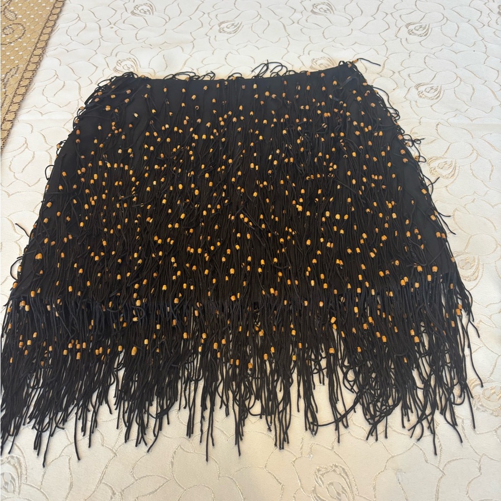 Anna Quan Black and Gold bead Fringe Skirt- unique nwot